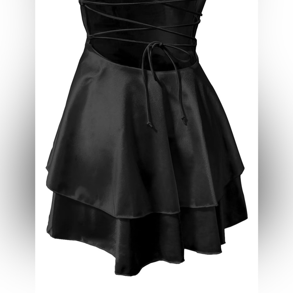 Women’s plain lace up backless tiered layer spaghetti strap black dress. Sexy - Picture 5 of 6